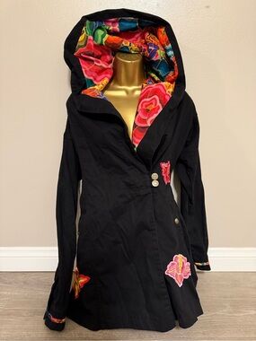 Black Hooded Trench Coat with Colorful Floral Lining